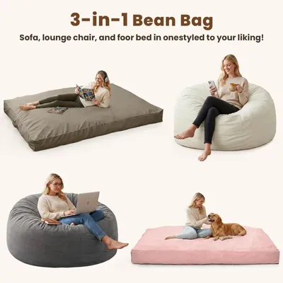 Produktbild von Sitzsack für Erwachsene - XXL Sitzsack - Zum Bett umwandelbar - Mit Füllung - Mikrofaserbezug - Gaming-Sitzsack - Grau