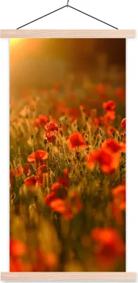 Produktbild von MuchoWow® Textilposter Orangefarbenes Leuchten über den Mohnblumen auf dem Feld 40x80 cm mit holzfarbenen Rahmen - Wohnzimmer