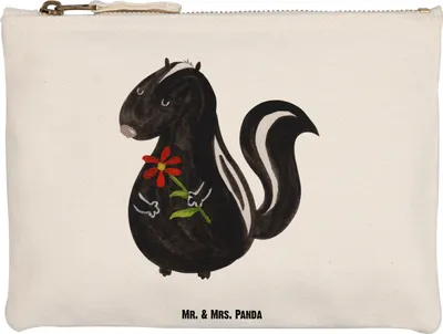 Produktbild von Mr. & Mrs. Panda Make-Up Tasche Stinktier Blume Grösse XL Große - Weiß - Geschenk, Wildtier, Kulturbeutel, Raubtier, kosmetiktäschchen, Skunk, Träume, Dreams, Federmappe
