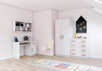 Produktbild von Kinderzimmer-Set Schrank Wandregal Kommode Schreibtisch Weiß/Weiß mit sonoma Griffe Jonas I 02