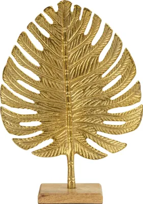 Produktbild von Skulptur Dekofigur Blatt aus Metall gold auf Holzsockel stehend 23x32 cm