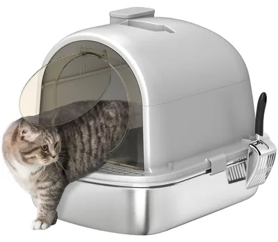 Produktbild von Katzentoilette aus Edelstahl mit Deckel, Geruchsbeutel, Schaufel, leicht zu reinigen, 52,4 x 41,3 x 39,9 cm, grau