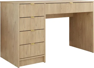 Produktbild von MIRJAN24 Schreibtisch / Schminktisch Tireno mit 5-Schubladen, Fronten gefräst, Aluminiumgriffe in der Farbe Gold, universell - Links / Rechts (Farbe: Eiche Cremona)