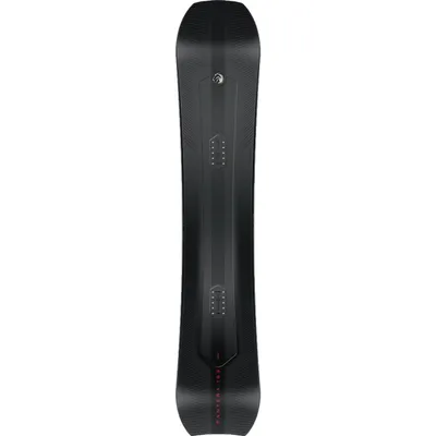 A black snowboard is shown from a top-down perspective against a white background.