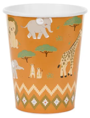 Pappbecher mit Safari Tieren und Savannenmotiv für Kindergeburtstage und Mottopartys.
