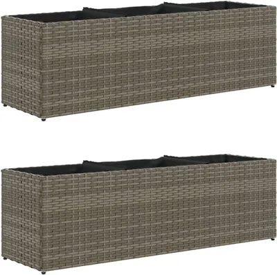 Produktbild von Graue Pflanzkübel aus Poly-Rattan mit 3 Töpfen, 2 STK., 105x30x32 cm, Blumenkasten für Garten und Terrasse