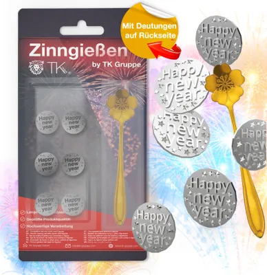 Produktbild von happy sparks® 6er Zinngießen mit Zinn Giessen wie Bleigießen Bleigiessen mit & Löffel & Orakelheft mit Deutungen - Gesellschaftspiele & Partyspiele 2023/2024