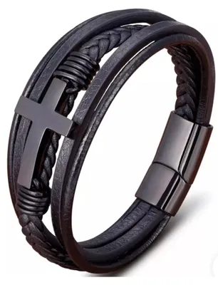 Produktbild von Herrenarmband Leder Edelstahl Kreuz Magnetverschluss Surfer Schmuck
