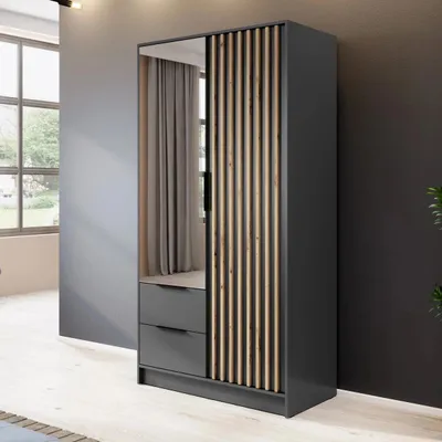 Produktbild von Kleiderschrank Stilo Graphit Grau mit Spiegel & Lamellen – 105 cm, 2 Türen, 2 Schubladen, Loft