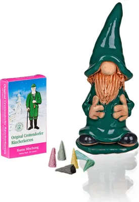 Produktbild von Crottendorfer - Set Räucherfigur Keramik Wichtel (Grün) & Räucherkerzen Bunte Mischung Größe M (Standard) - 3702
