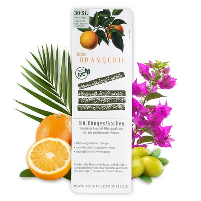 Produktbild von Meine Orangerie organische Düngestäbchen für mediterrane Pflanzen - 30 Sticks - bis zu 90 Tage Langzeitwirkung - Optimale Pflanzennahrung