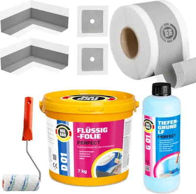 Produktbild von Dichtset Flüssigfolie 7Kg Dichtband Dichtecken Tiefengrund Farbroller 10cm H14