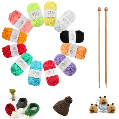 Produktbild von Strickset für Anfänger 14-teilig mit 12 Farben Acrylgarn und 2 Bambusnadeln