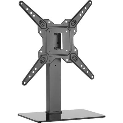 A black TV desk stand with a VESA mount is shown against a white background.