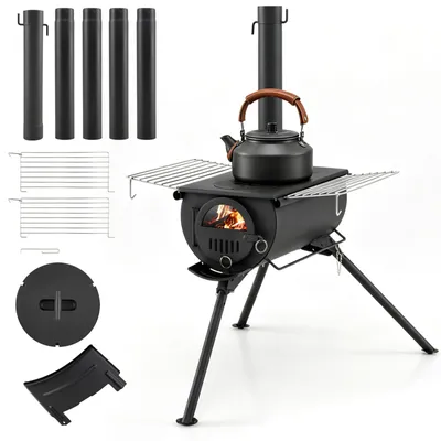 Produktbild von COSTWAY Zeltofen tragbar, Campingofen Kohlenstoffstahl, Zeltheizung mit Sichtfenster, 5 Schornsteinrohren Aschefach, Kaminofen Outdoor zum Kochen & Heizen