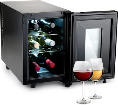 Produktbild von alpina Weinkühlschrank 18L - Weinkühler für 6 Flaschen - Flaschenkühler 230V - Temperatur Regelbar von 11°C bis 18°C - Glastür und Innenbeleuchtung - Geräuscharm bis Geräuschlos - Schwarz