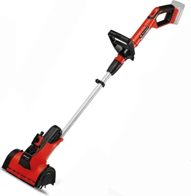 A red and black electric snow shovel is shown against a white background.