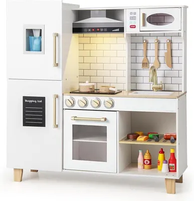 Imagen del producto de Cocina de juguete de madera con 10 accesorios, cocina infantil de madera con horno, campana extractora, máquina de helados y horno. Cocina de juego con luces y sonido, ideal para niños a partir de 3 años (blanca)