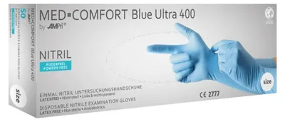 Produktbild von MED-COMFORT BLUE ULTRA 400, Nitril-Untersuchungshandschuh, puderfrei, blau, Gr. S | Box (50 Stück)