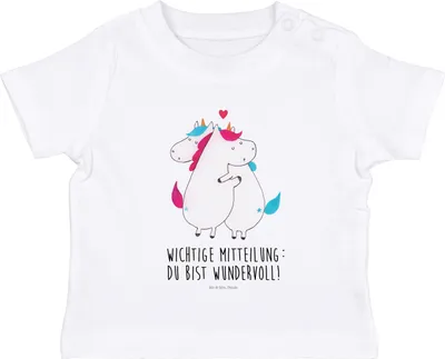Produktbild von Mr. & Mrs. Panda Organic Baby Shirt Einhorn Mitteilung 6. - 12. Monat - Weiß - Geschenk, Einhörner, Baumwolle,  T-Shirt, Ehe, Spruch, Kleinkind, Valentinstag, Liebe