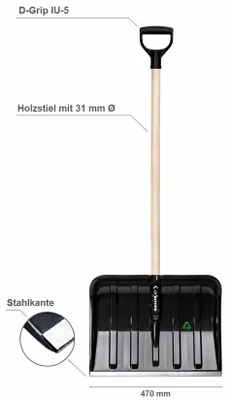 Produktbild von Schneeschaufel Winterschneeschaufel, 470 mm breit | Kunststoff mit Metallbeschlägen und angeschraubtem Holzgriff inkl. D-Griff