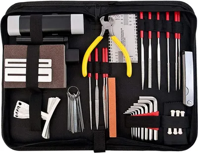Productafbeelding van Gitaar gereedschapset, 57-delig met draagtas, reparatie- en onderhoudsgereedschap, snarenhoogtemeter, geschikt voor akoestische/elektrische gitaren en ukelele/basgitaren