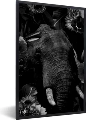 Produktbild von MuchoWow® Gerahmtes Poster Botanischer Elefant vor schwarzem Hintergrund - schwarz und weiß 60x90 cm - Poster mit Schwarzem Bilderrahmen Wandposter Rahmen Foto Bilder - Kunst