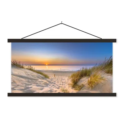 Produktbild von MuchoWow® Textilposter Düne - Sonnenuntergang - Horizont - Strand - Gras 150x75 cm mit schwarzem Rahmen - Posterleiste