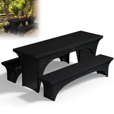 Produktbild von 3er Set Bierzelttischdecke Schwarz, Stretch Husse 220x70x80 cm für Biertischgarnitur, Tisch- & Bierbankbezug für  Party