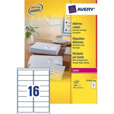 Produktbild von Avery L7162-100, Weiß, Papier, 99.1 x 33.9 mm, A4, 100 Blätter, 1600 Stück(e)