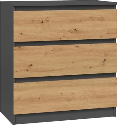 A chest of drawers with three drawers, featuring a dark gray frame and light wood-effect drawer fronts.