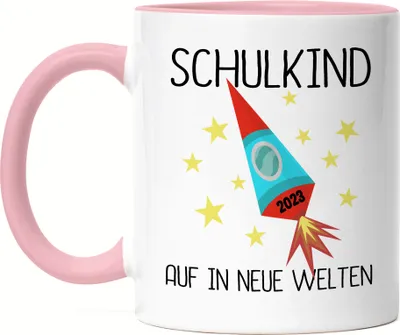 Produktbild von Schulkind Auf In Neue Welten 2023 Tasse Rosa Einschulungstüte Rakete Sterne Grundschule 1. Klasse