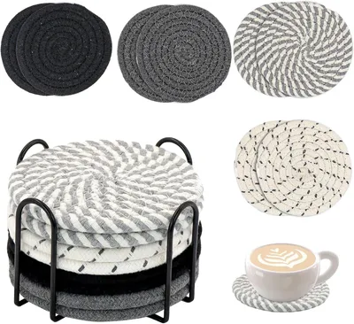 Immagine prodotto di Sottobicchieri in cotone - Set da 8 con supporto - Sottobicchieri rotondi - Antiscivolo - Resistenti al calore