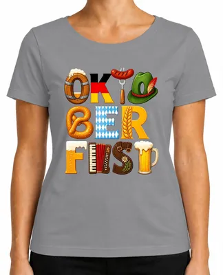Productafbeelding van , bier, Beieren, pretzel, lederhosen, traditioneel shirt, dirndl, mout, dames T-shirt, grijs, maat S