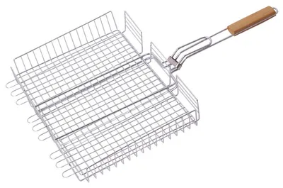 Produktbild von Grillrost 72 × 40 cm mit 6 cm Höhe und Holzgriff aus hochwertigem Stahl – Grillkorb für Holzkohlegrill & Feuerstelle Grillgitter BBQ Grillzubehör