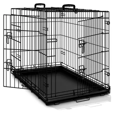 Produktbild von Faltbarer Hundekäfig mit 2 Türen | Transportkäfig für das Auto | Hundebox mit herausnehmbarer Bodenschale | Drahtkäfig (L 91 x B 58 x H 64 cm)