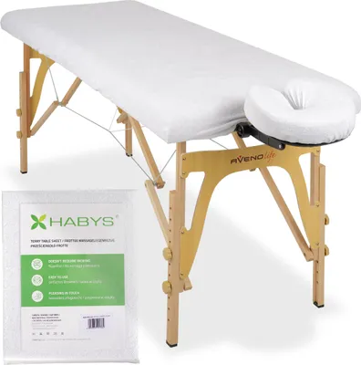 Produktbild von Habys Set | Einteiliges Frottee-Spannlaken für klappbare Massageliegen Massagetische 60/165 | + Frottee-Bezug für die Kopfstütze | Weiß