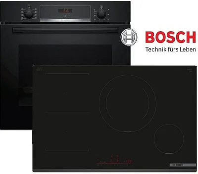 A Bosch oven and induction cooktop are shown together, with the Bosch logo and slogan.