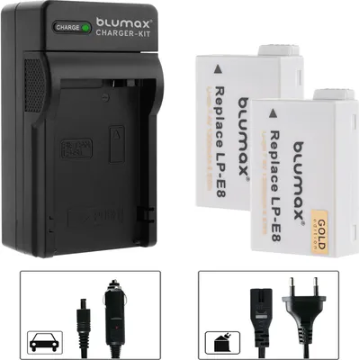 Produktbild von 2x Akku + Lader für Canon EOS 550D, 600D, 650D, 700D - LP-E8 1260 mAh (7,2V)