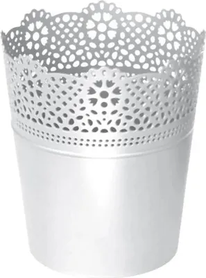 A white metal pot with a decorative lace-like pattern around the top edge, set against a white background.