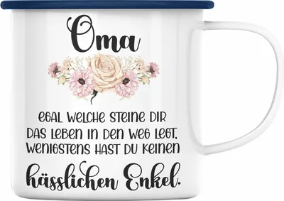 Produktbild von Trendation - Beste Oma Geschenk Emaille Tasse Geburtstagsgeschenk von Enkel Geschenkideen Lustig Geburtstag (Blau)