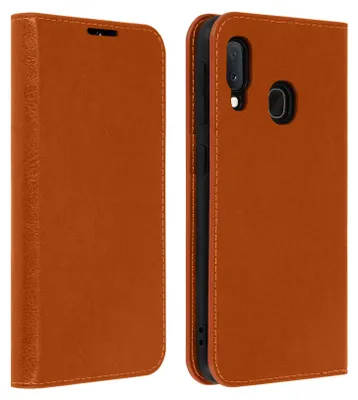 A brown leather flip case for a Samsung Galaxy A20e phone is shown from two angles.