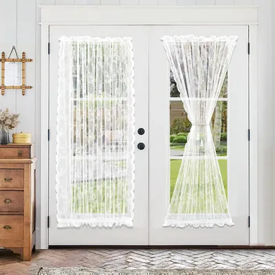 Produktbild von 1 Stück Französische Türvorhänge Spitze Blumenmuster Transparent Voile Stangentasche für Glastür Schiebetüren, B145xH183cm