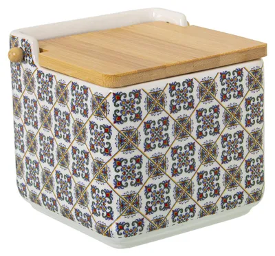 Zdjęcie produktu dla Sólownik ceramiczny DRW z drewnianą pokrywką, o wymiarach 12 x 12 x 12 cm