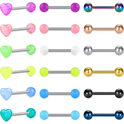 Zdjęcie produktu dla Piercing do języka, piercing do brodawek, mieszane kolory, stal chirurgiczna 14G, ozdoba z cyrkonem, koralik z brokatem, perła luminescencyjna, 18 sztuk, 14 mm