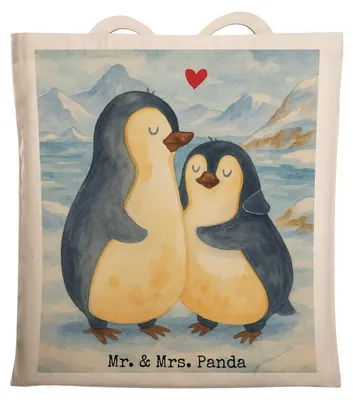 Produktbild von Mr. & Mrs. Panda Tote Bag Pinguin umarmen Design - Weiß - Geschenk, Umarmung Verliebt, Hochzeitstag, Shopping Tasche, Liebe, Laptoptasche, Jutebeutel, Tragetasche