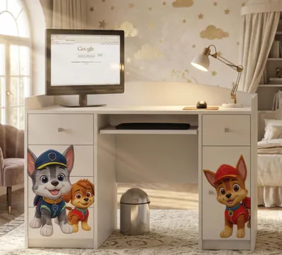 Obrázok produktu pre Happy Babies počítačový stôl s výsuvom na klávesnicu, kancelársky stôl s výsuvom na klávesnicu, 5 zásuviek, 1 polica, 125x89x60, motívy, nálepky na výber, deti
