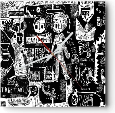 Produktbild von Wanduhr - Quadrat - Glasuhr - Graffiti modern - 30x30cm - Schleichendes Uhrwerk - Lautlos - zum Aufhängen bereit - Dekoration Modern - Wanddekoration aus Glas - C3AC30x30-3587