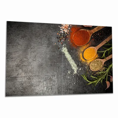 Produktbild von Wallario Herdabdeckplatte aus Glas, Größe 80 x 52 cm 2-teilig, Motiv Löffel mit verschiedenen Gewürzen