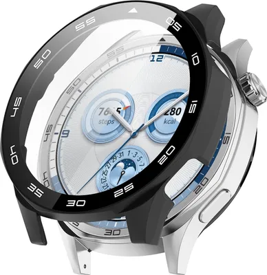 A close-up, angled view of a smartwatch with a protective case partially covering the bezel.